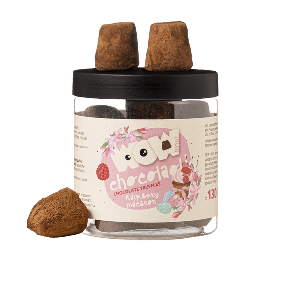 Pot cadeau de truffes au chocolat macaron framboise - Pâques 130g