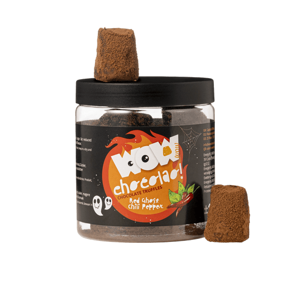 Rød Spøgelses Chili Peber Trøfler Gaveglas 130g | Krydret Halloween Chokolade